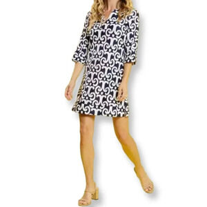 Jude Connally Navy & White Ikat Print Tunic Dress  Size  XS